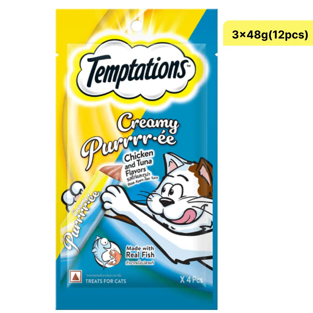 Temptations Creamy Purrrr ee Chicken & Tuna Treats and Fofos Flapping Owl Chirping Interactive Toy for Cats Combo