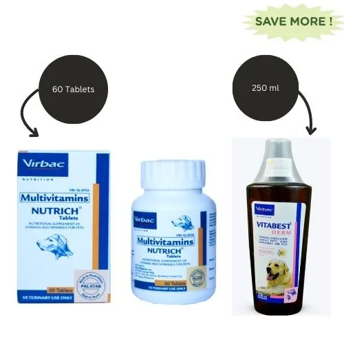 Virbac Nutrich Multi Vitamin Tablets and Virbac Vitabest Derm Omega 3 6 Syrup for Dogs and Cats (250ml) Combo