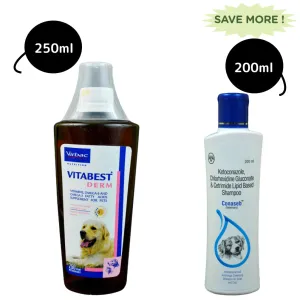 Virbac Vitabest Derm Omega 3 6 Syrup (250ml) and Intas Conaseb Shampoo (200ml) for Dogs & Cats Combo